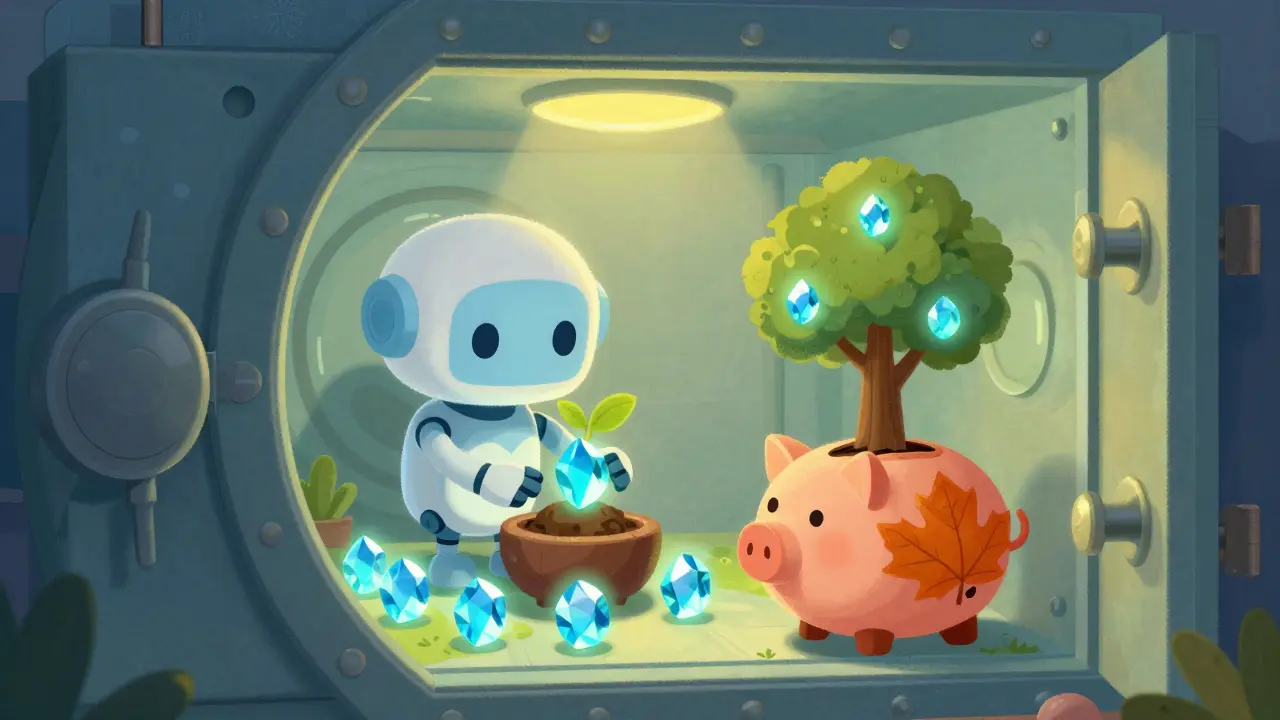 Trésorier robot gardant des gemmes SOL dans un coffre-fort magique