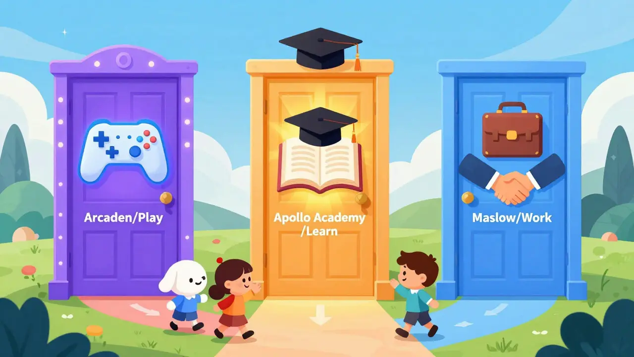 Trois portes magiques représentant le jeu, l'apprentissage et le travail