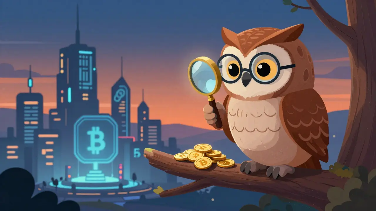 Un hibou sage examine des pièces modestes avec une loupe surplombant une ville crypto futuriste.