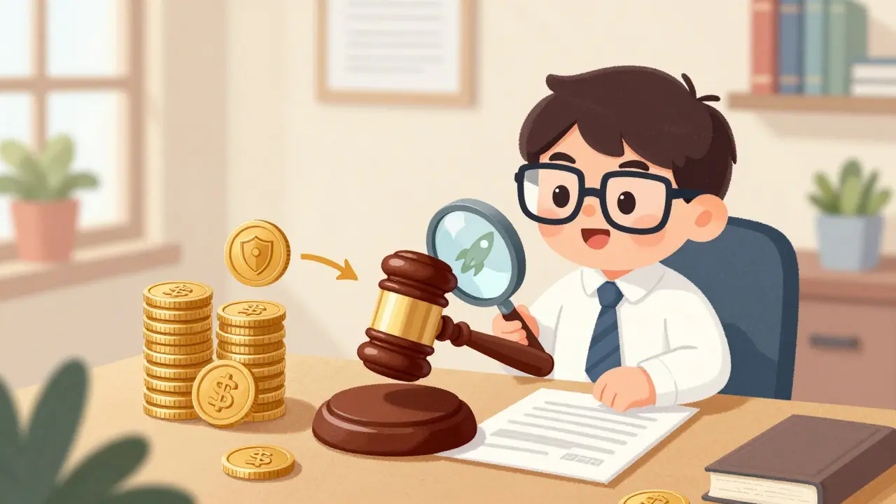 Un marteau de juge amical examine des pièces crypto avec une loupe