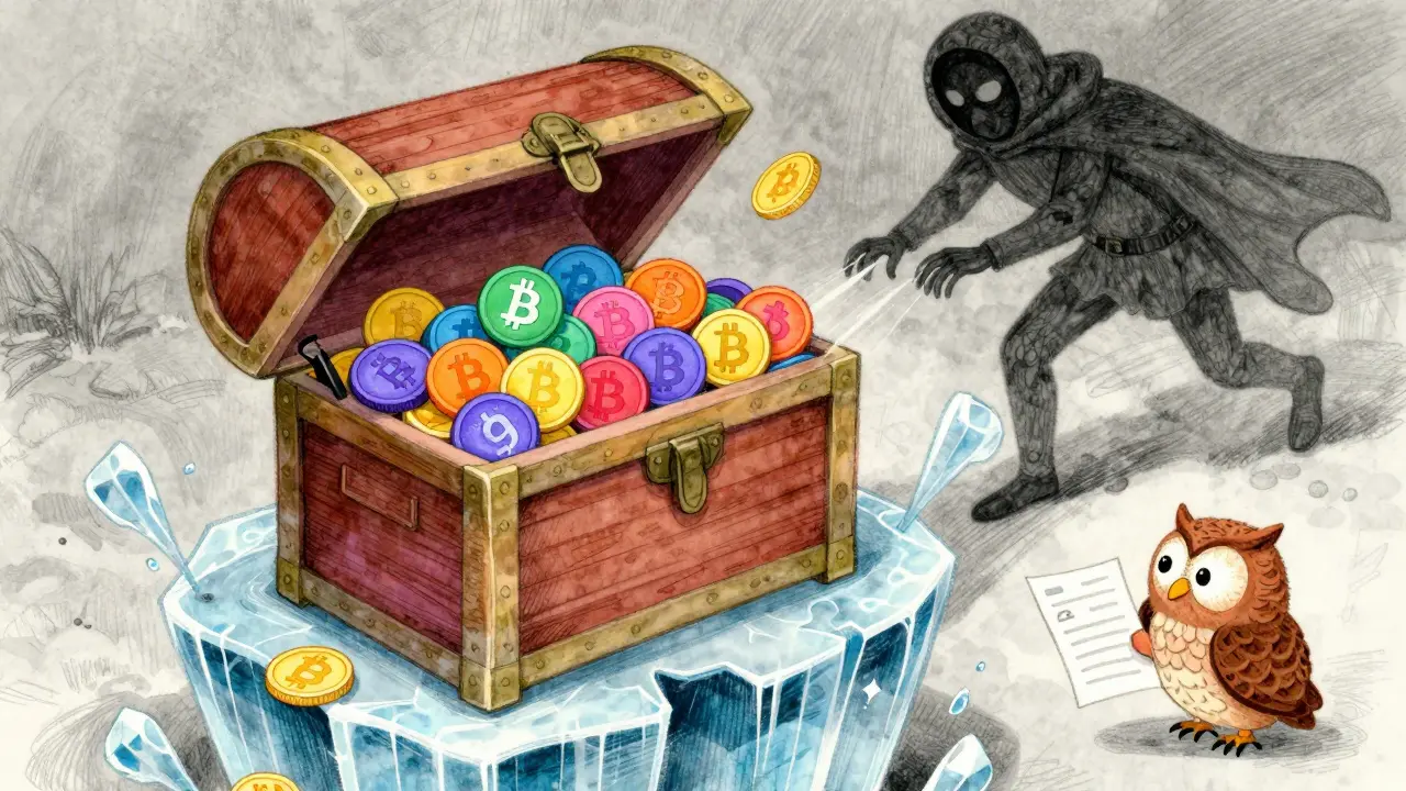 Une boîte à trésor de crypto-monnaies sur une glace fragile avec des ombres menaçantes