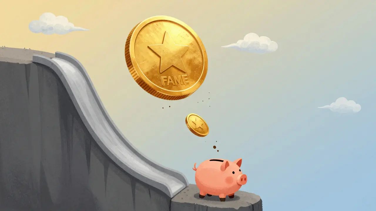 Une pièce dorée tombant d'une falaise vers un tirelire minuscule, symbolisant la chute du prix.