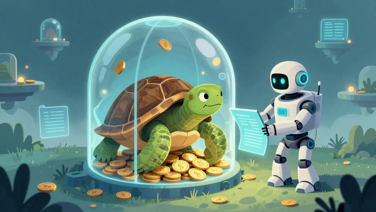 Une tortue dans une forteresse de verre sécurisée assistée par un robot IA
