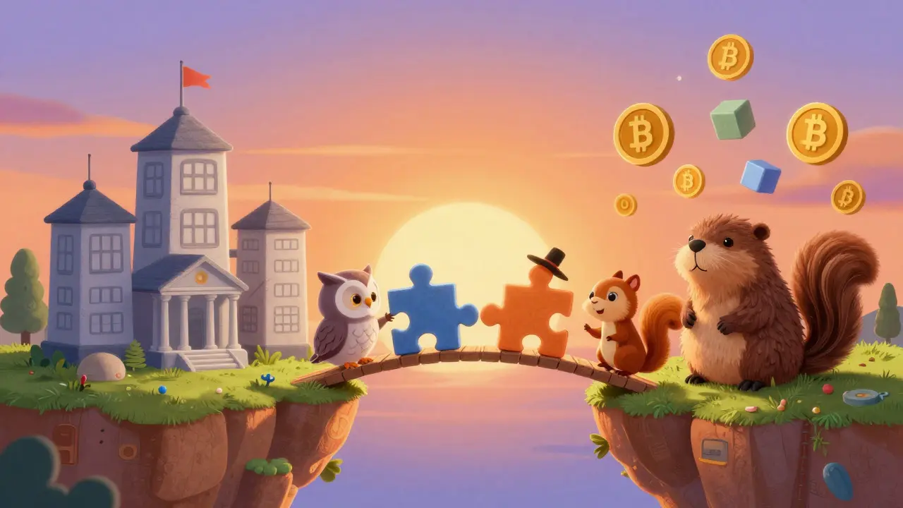 Animaux construisant un pont entre la banque traditionnelle et la crypto-finance