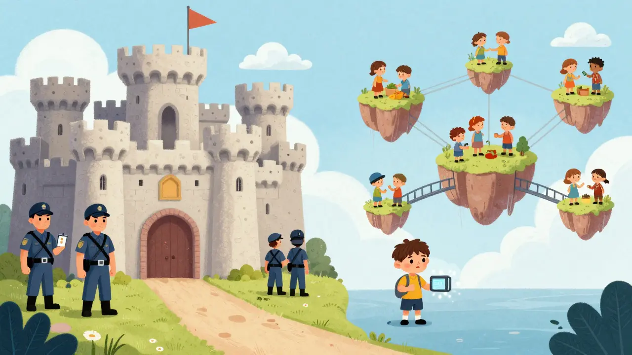 Château fortifié face à des îles flottantes libres dans une illustration pour enfants
