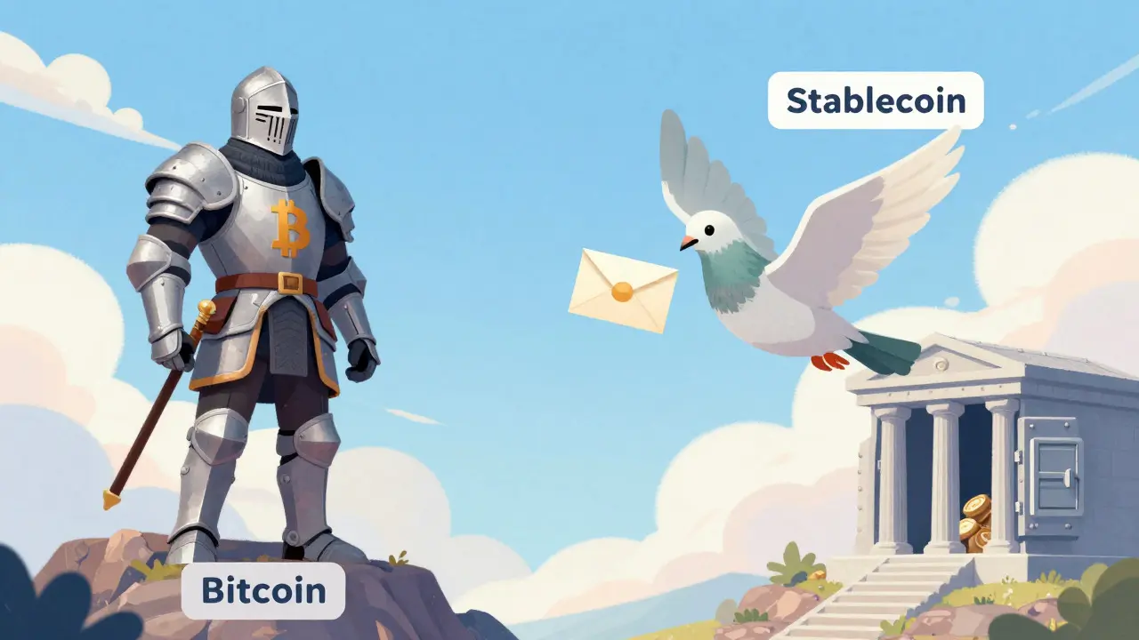 Chevalier Bitcoin sur une montagne et pigeon stablecoin volant vers une banque.