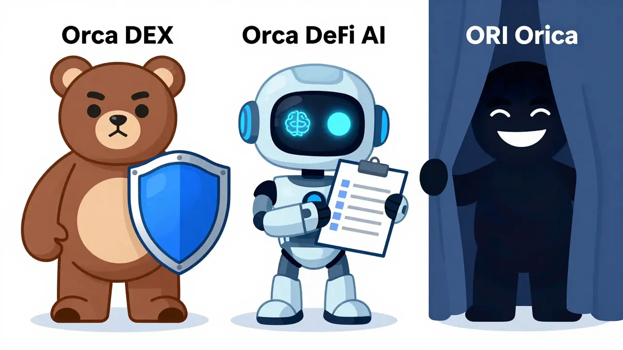 Comparaison illustrée des projets légitimes Orca contre la fausse arnaque ORI Orica.