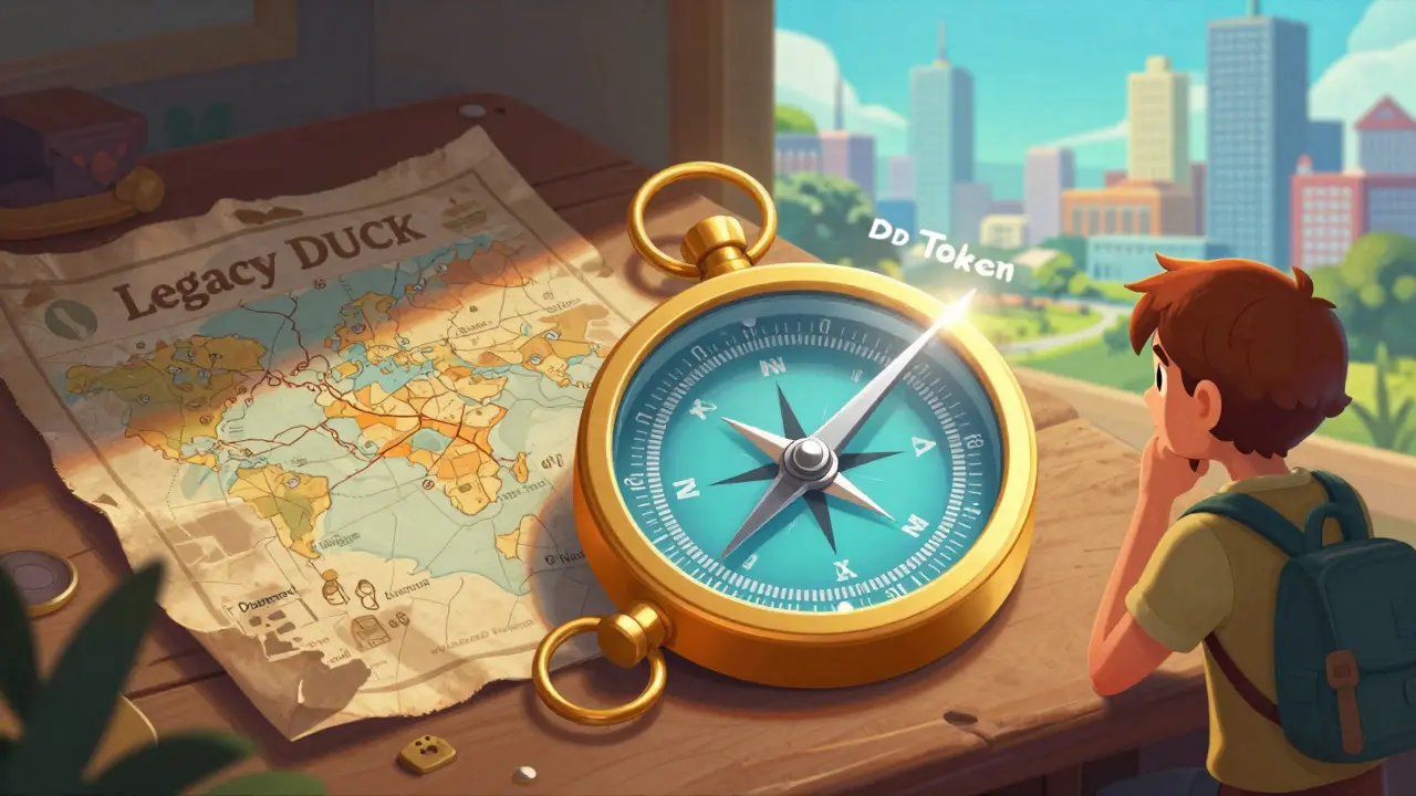 Contraste entre le token héritage DUCK et le nouveau token DD dans un style illustratif