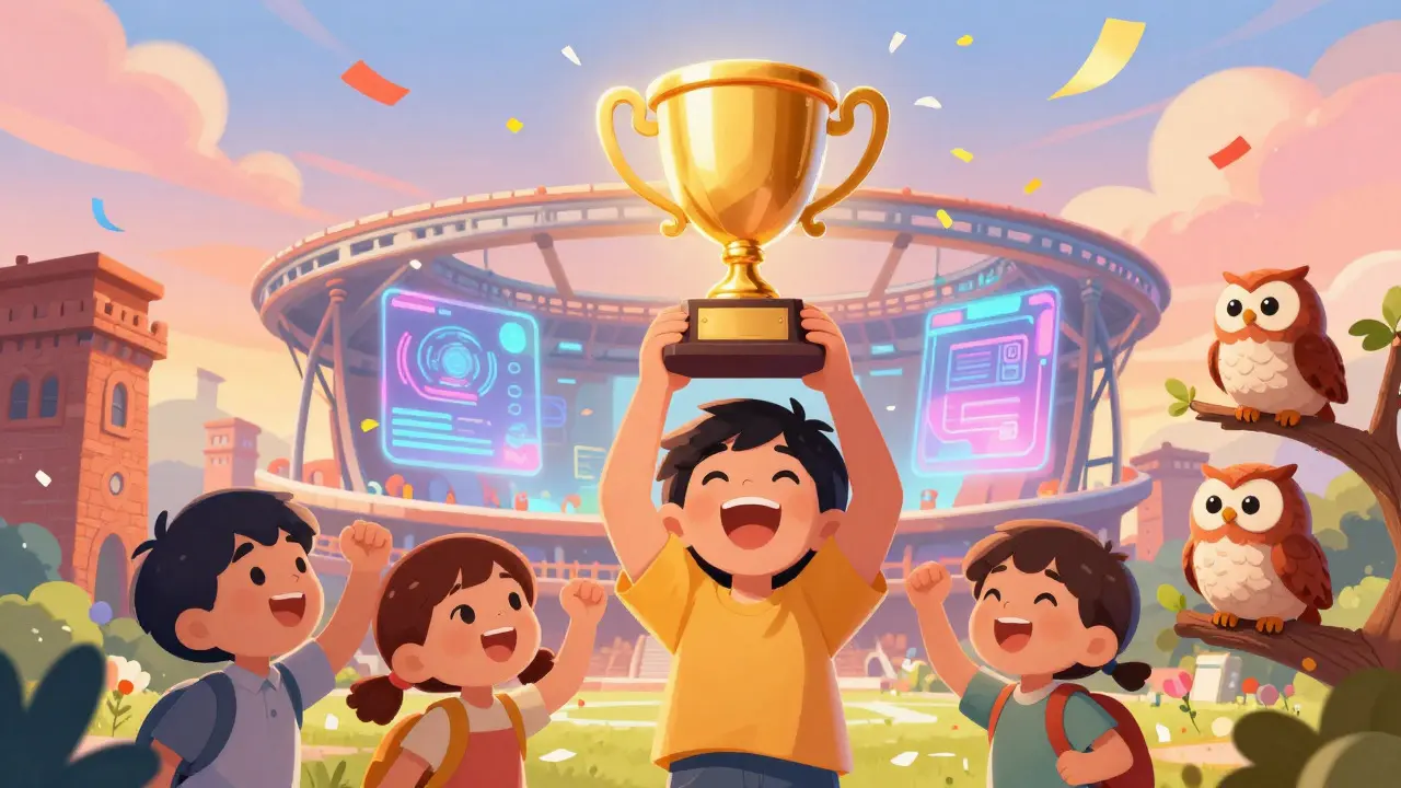 Enfant triomphant tenant un trophée doré devant un stade virtuel futuriste