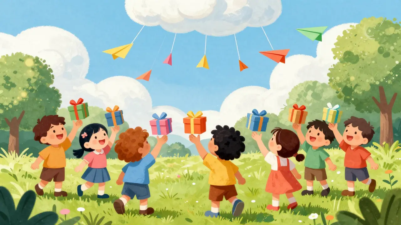 Enfants joyeux attrapant des cadeaux tombant du ciel dans un champ
