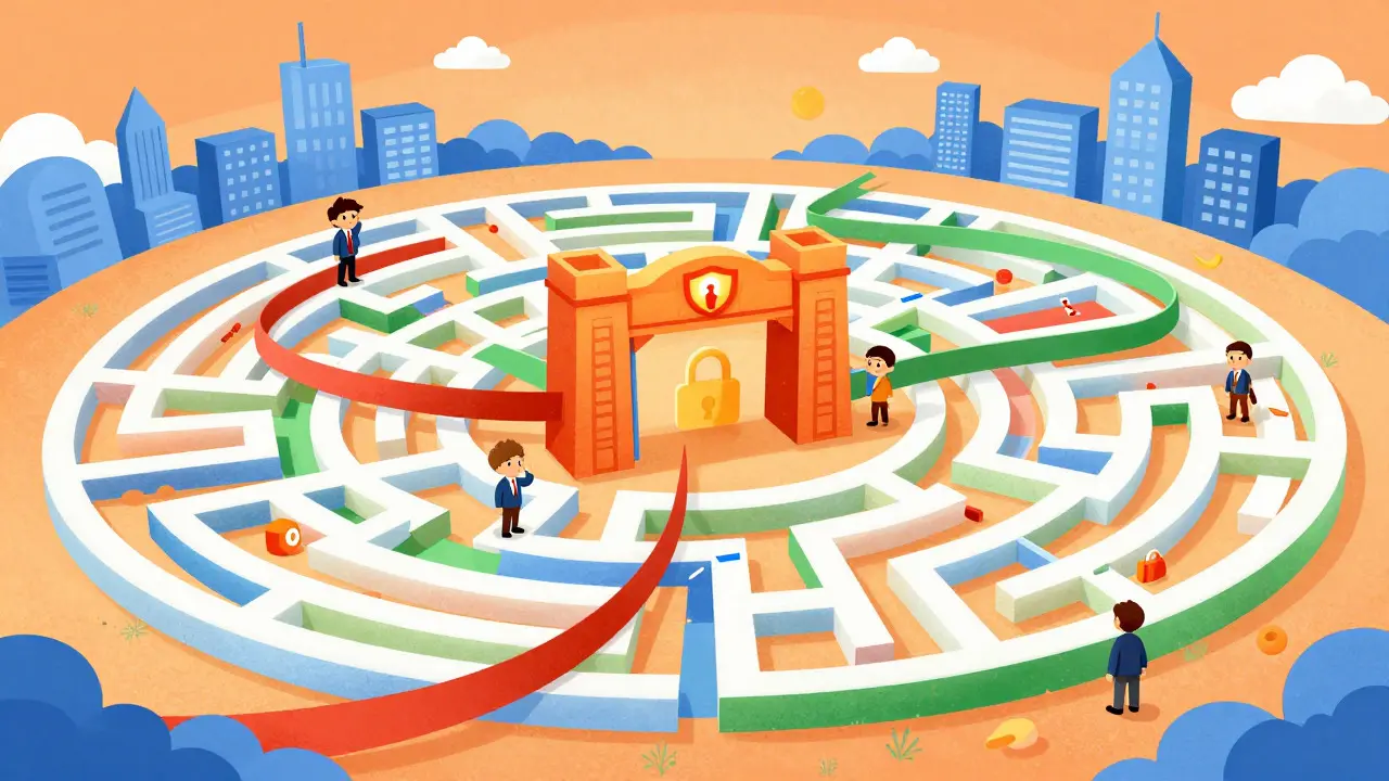 Labyrinthe financier avec des chemins bloqués et détournés illustré pour enfants