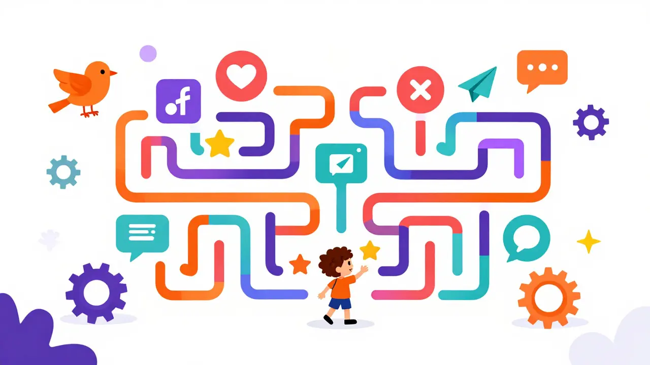 Personnage naviguant dans un labyrinthe d'icônes de réseaux sociaux pour gagner des étoiles