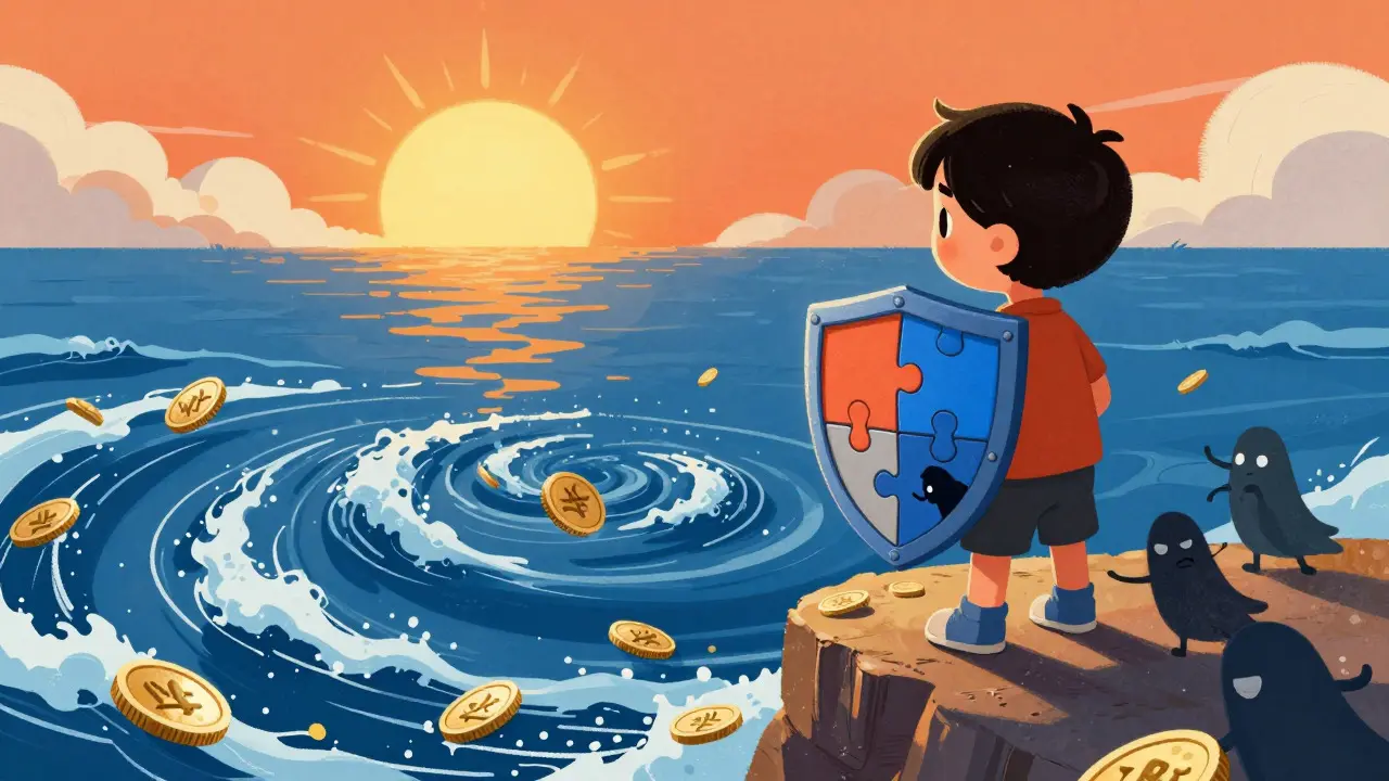 Personnage tenant un bouclier devant une mer de pièces et des ombres menaçantes