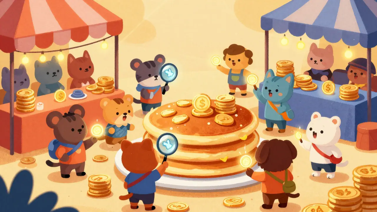 Personnages animaux échangeant des jetons à un marché PancakeSwap coloré