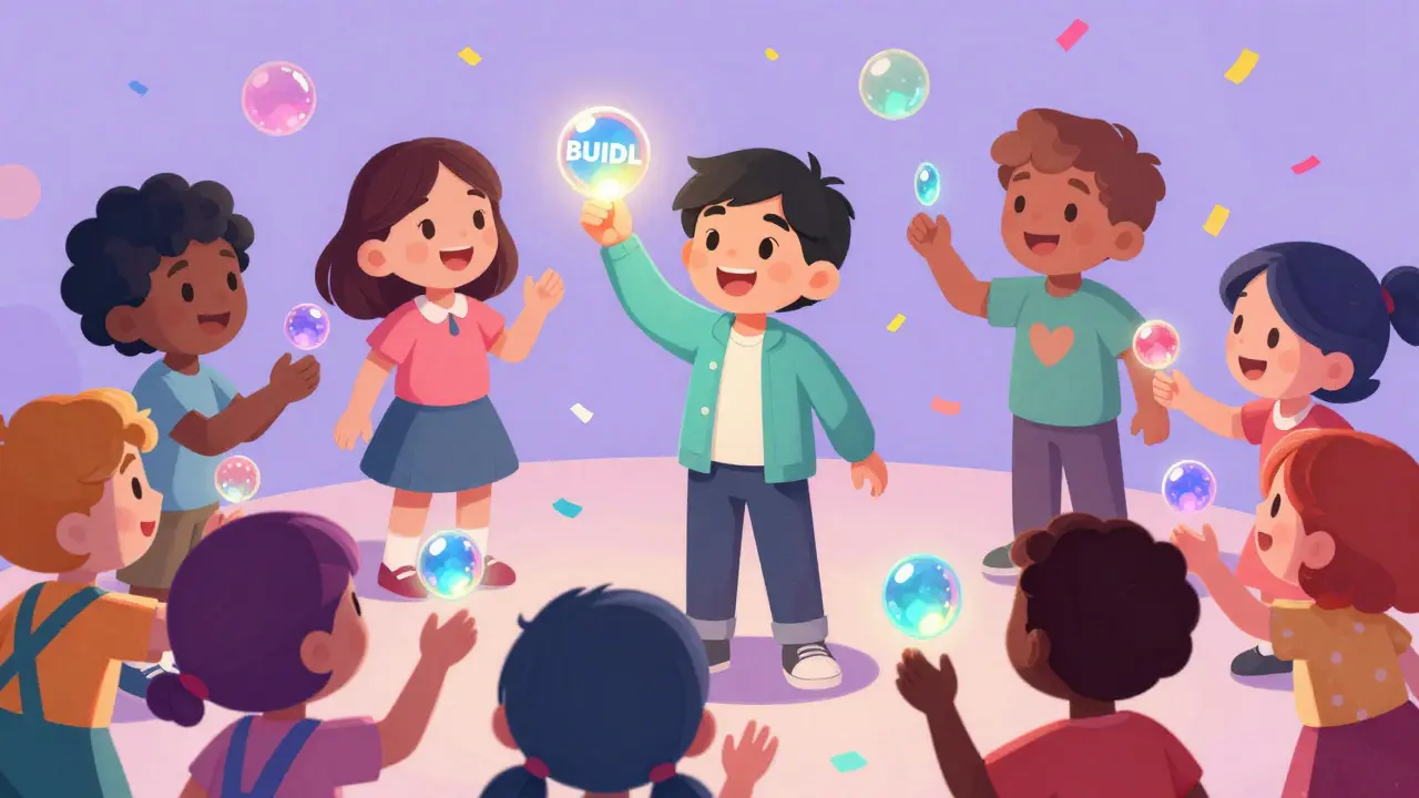 Personnages cartoon échangeant des jetons sociaux lumineux lors d'une réunion communautaire joyeuse