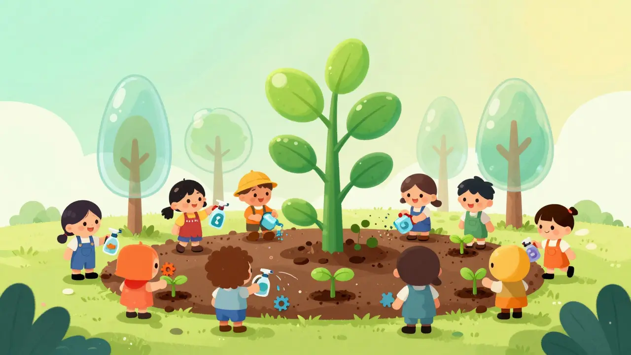 Personnages dessinés plantant des graines dans un jardin numérique qui pousse en arbres de verre