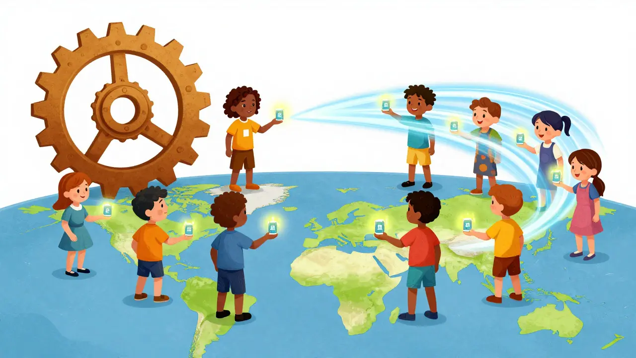Personnages divers échangeant des jetons lumineux sur une carte du monde dans un style cartoon