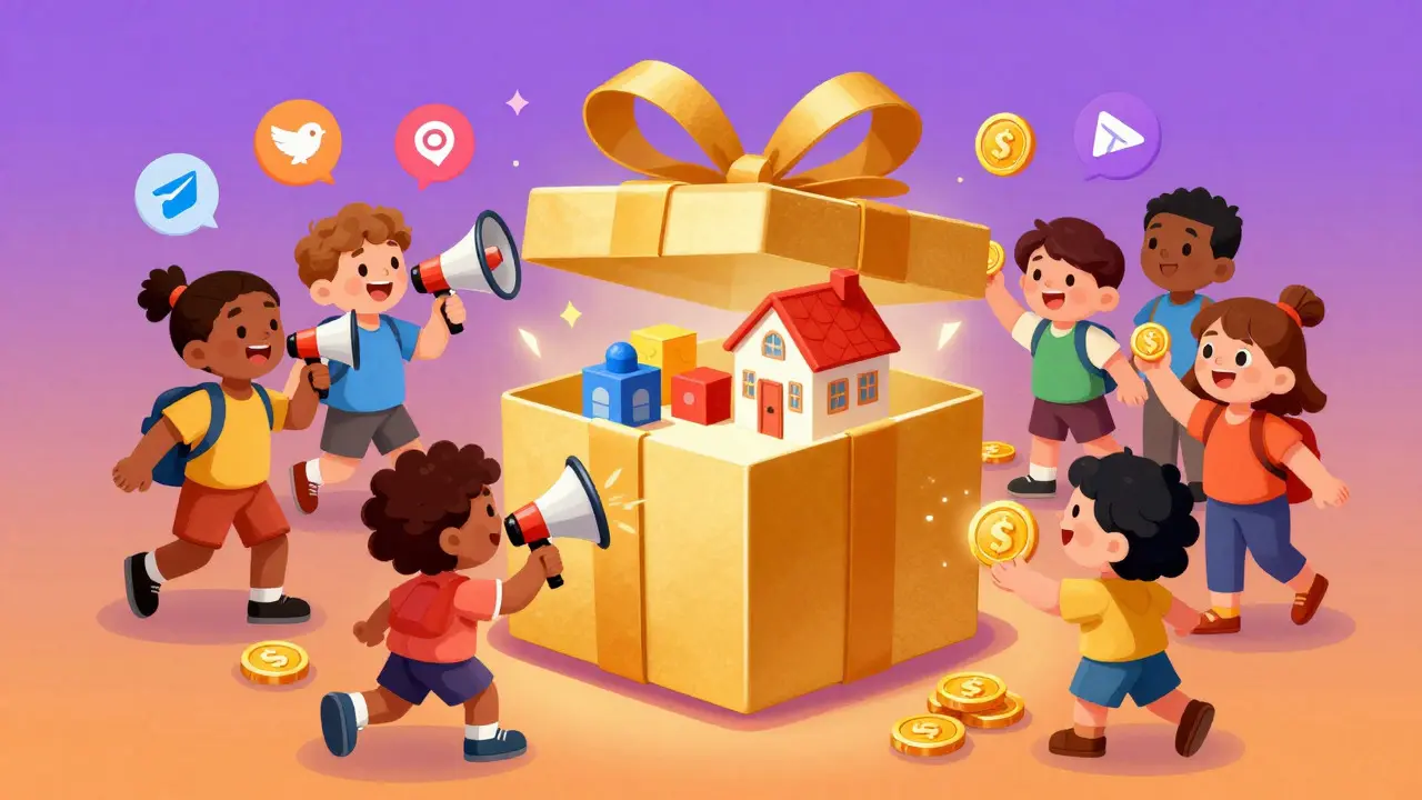 Personnages joyeux échangeant des cadeaux et construisant une maison autour d'une boîte dorée