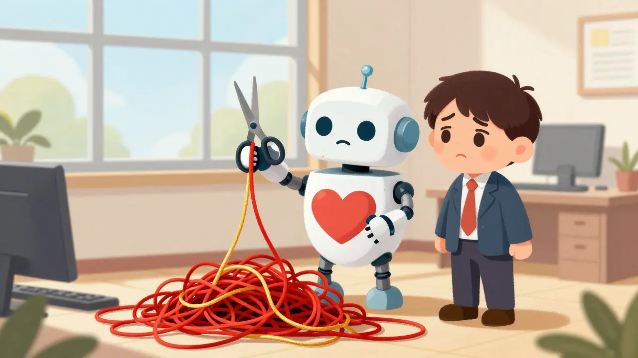 Robot IA aidant un banquier à trier les alertes frauduleuses dans un style illustratif doux