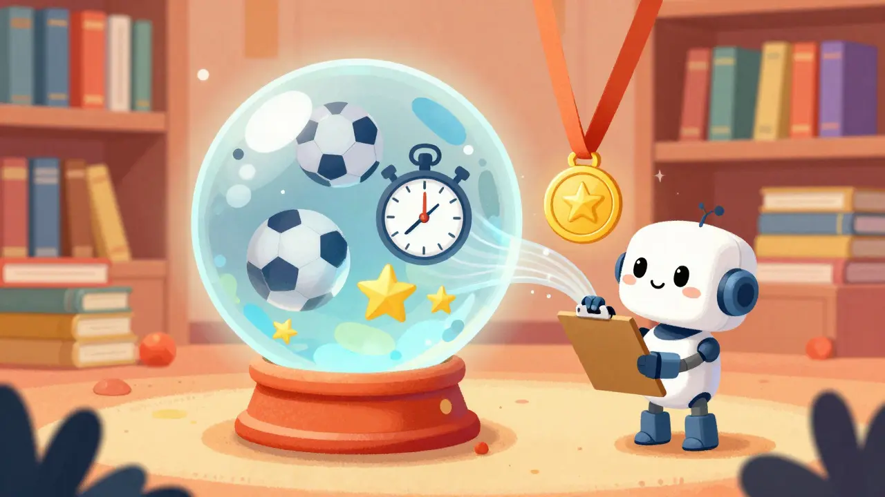 Robot mignon analysant des données sportives issues d'une boule de cristal magique pour évaluer un jeton