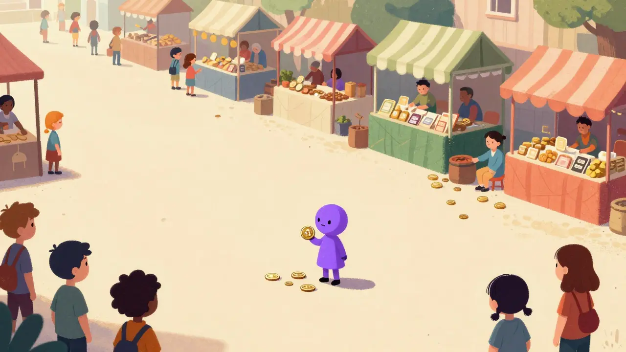 Scène de marché vide avec un jeton solitaire illustrant la faible liquidité en style cartoon