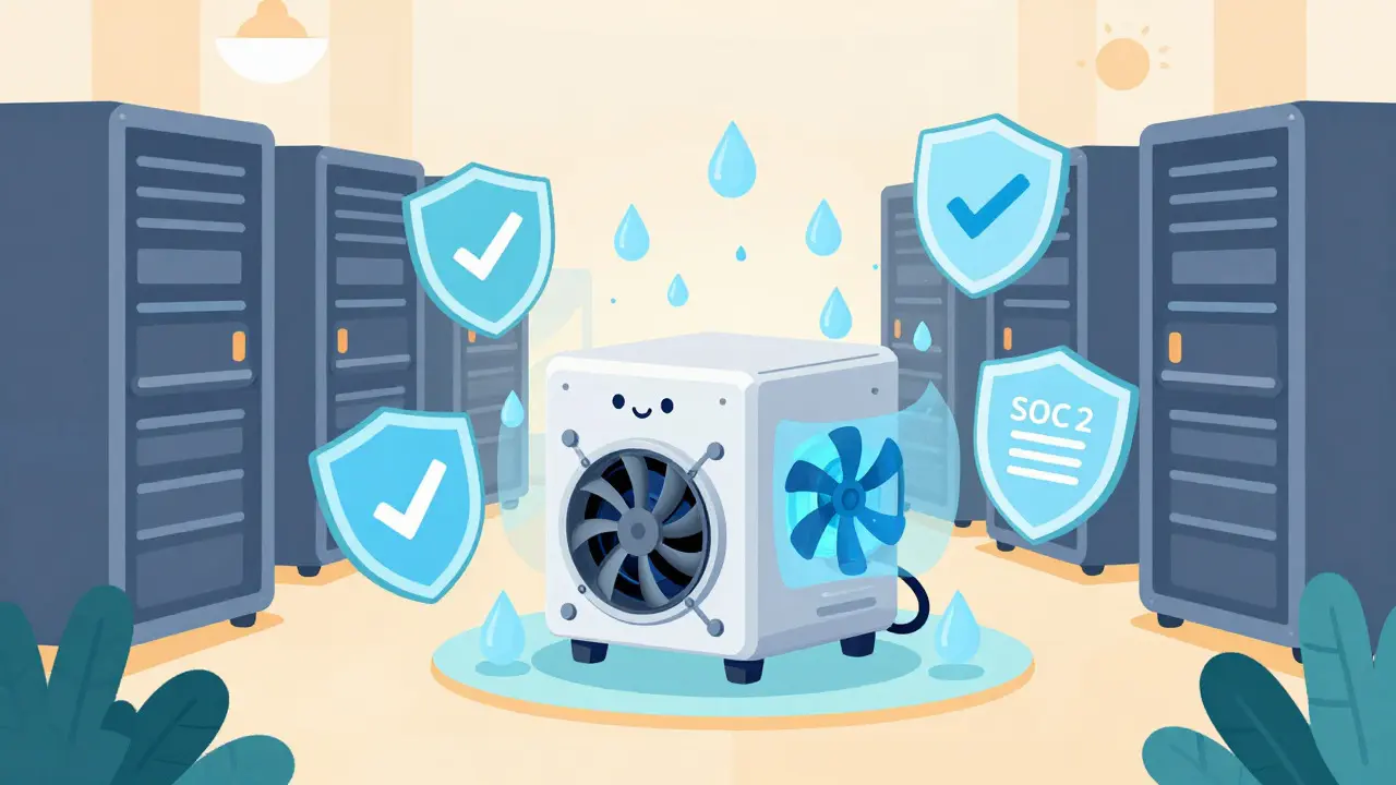 Serveur ASIC souriant avec boucliers de sécurité illustrés simplement