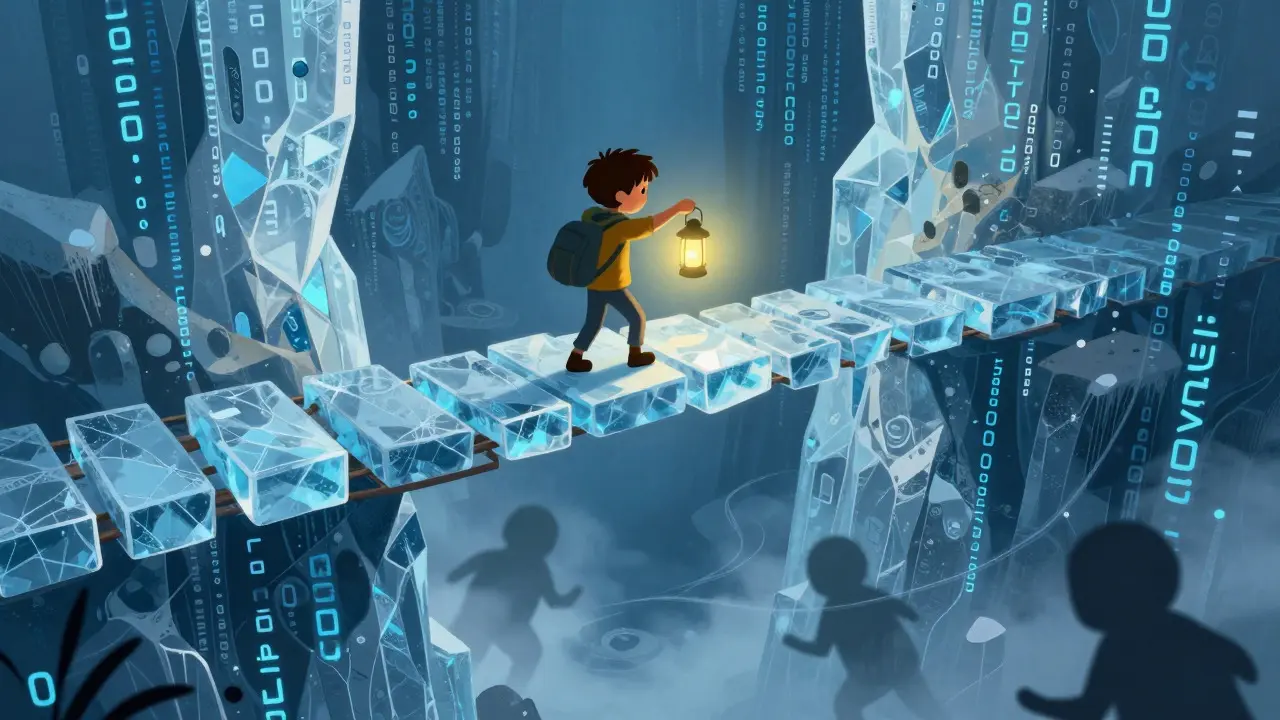 Un aventurier traversant un pont de glace fragile au-dessus du code