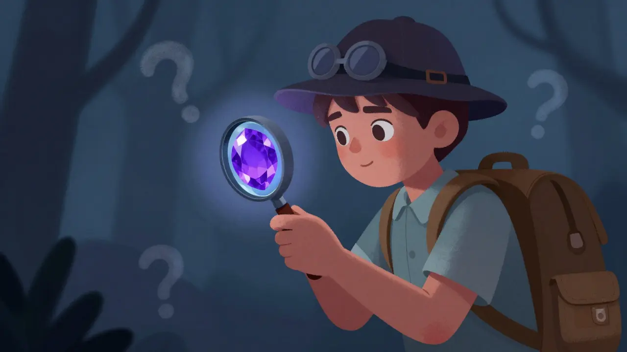 Un détective enfant inspectant une pierre précieuse mystérieuse sous une loupe dans un style dessin animé