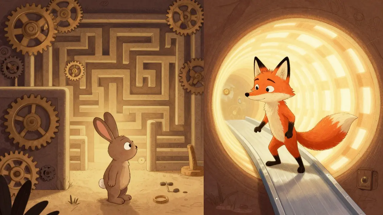 Un lapin hésitant face à un labyrinthe complexe tandis qu'un renard confiant traverse un tunnel fluide.