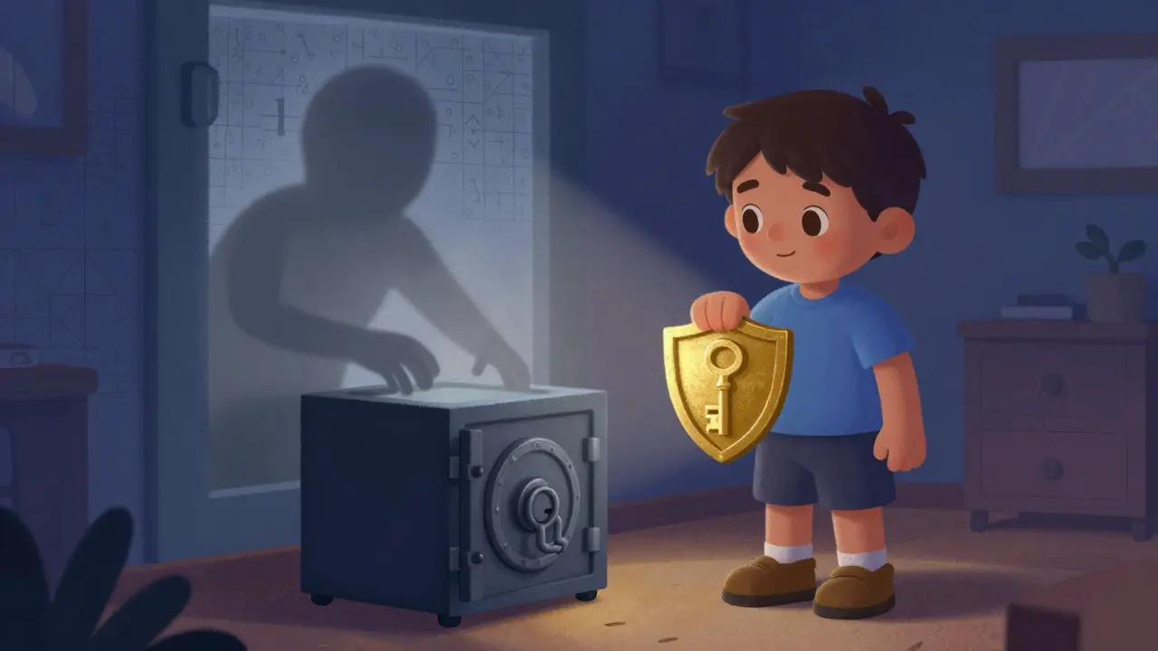 Un personnage tenant une clé de sécurité protégeant son coffre dans une illustration enfantine