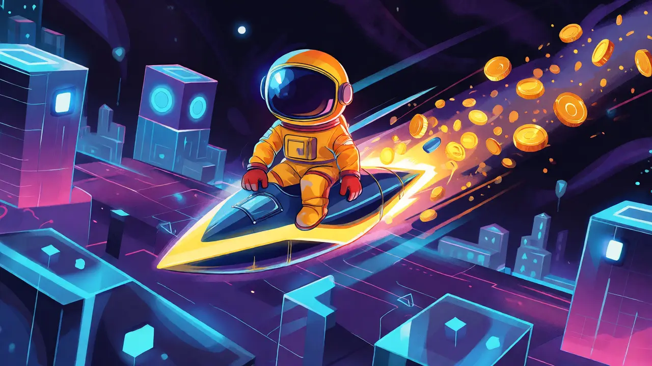Astronaute sur une fusee eclair traversant un paysage numerique rapide