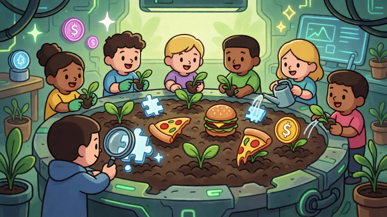 Avatars cultivant des NFT alimentaires qui se transforment en jetons lumineux dans un atelier futuriste.