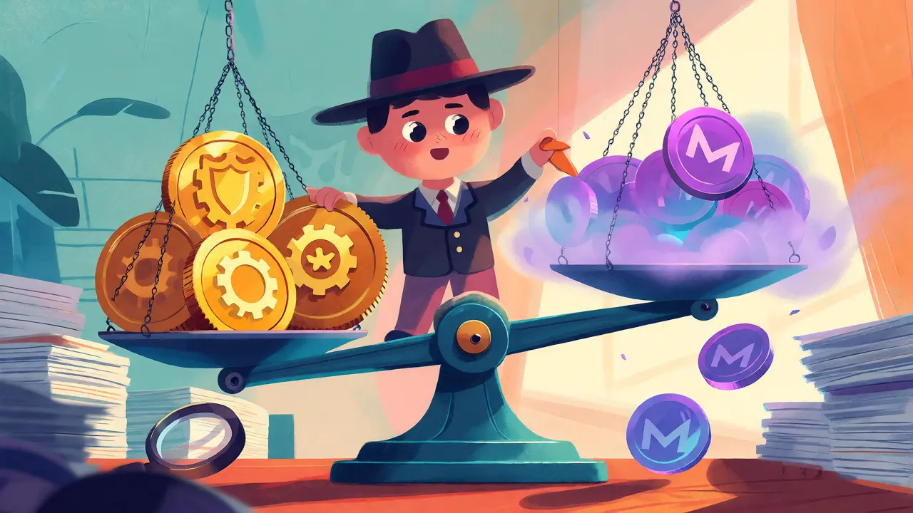 Balance illustrant la distinction entre actifs régulés et tokens interdits à l'ADGM.