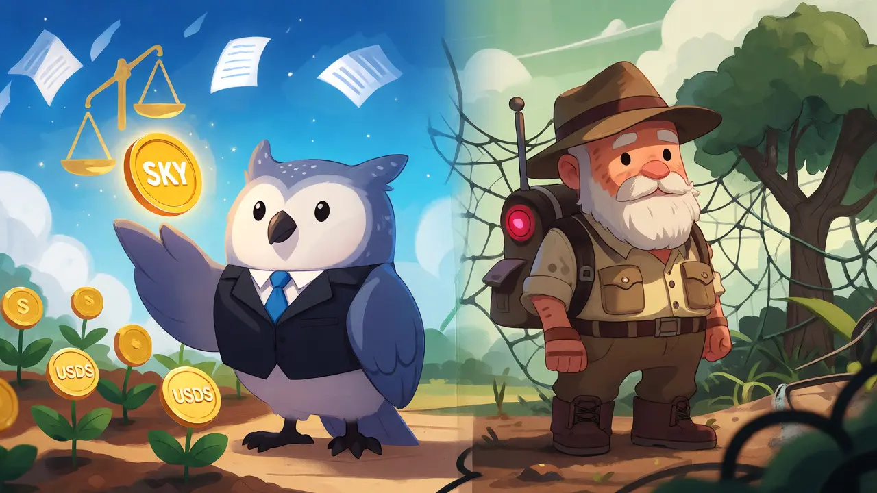 Comparaison illustrée entre le hibou de gouvernance DeFi et l'explorateur du réseau Skycoin.
