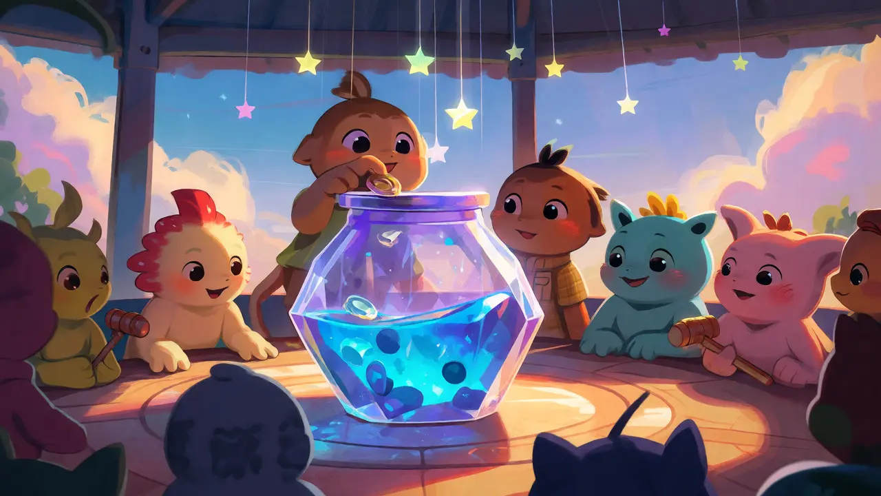 Créatures mignonnes participant au staking et à la gouvernance autour d'un bocal cristallin lumineux.