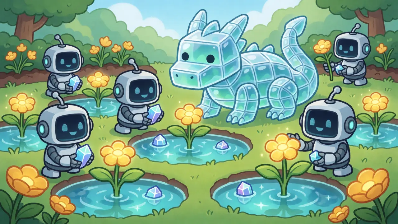 Des robots cultivent des fleurs de récompenses dans un jardin de liquidité technologique.
