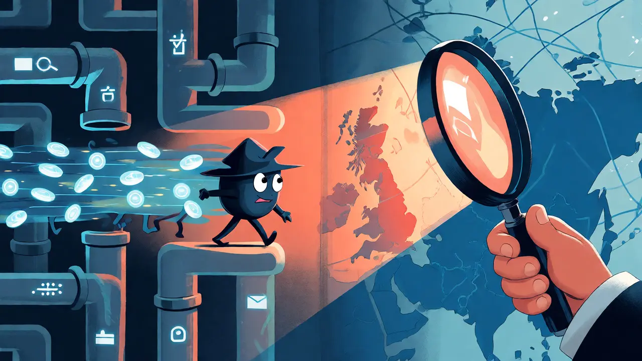 Dessin animé illustrant la détection des flux crypto cachés par une loupe géante dans un labyrinthe numérique.