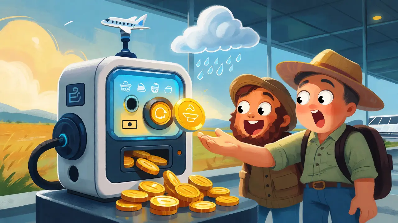 Dessin animé illustrant le paiement automatique instantané via les contrats intelligents pour les retards de vol ou météo.