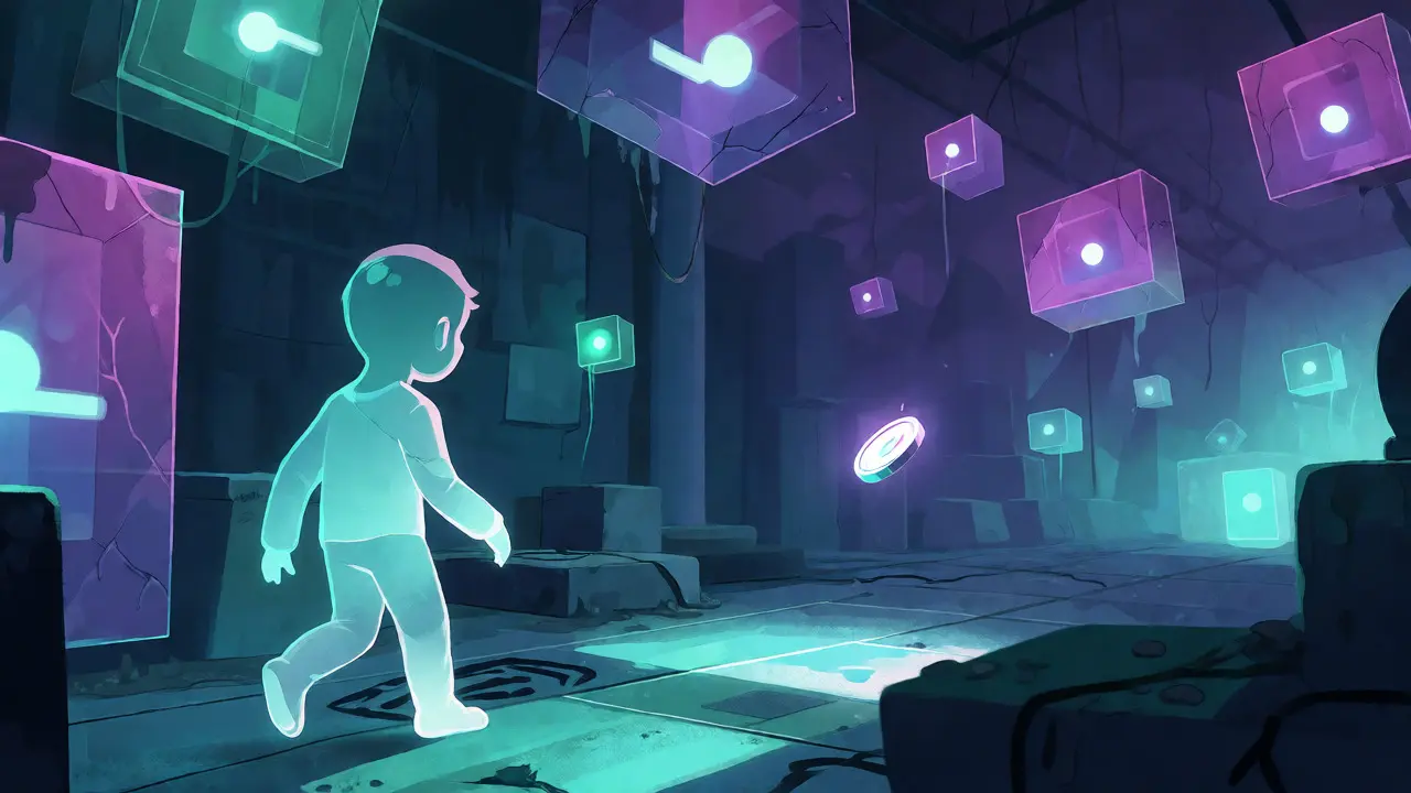Figure fantomatique dans un marché numérique futuriste abandonné et poussiéreux