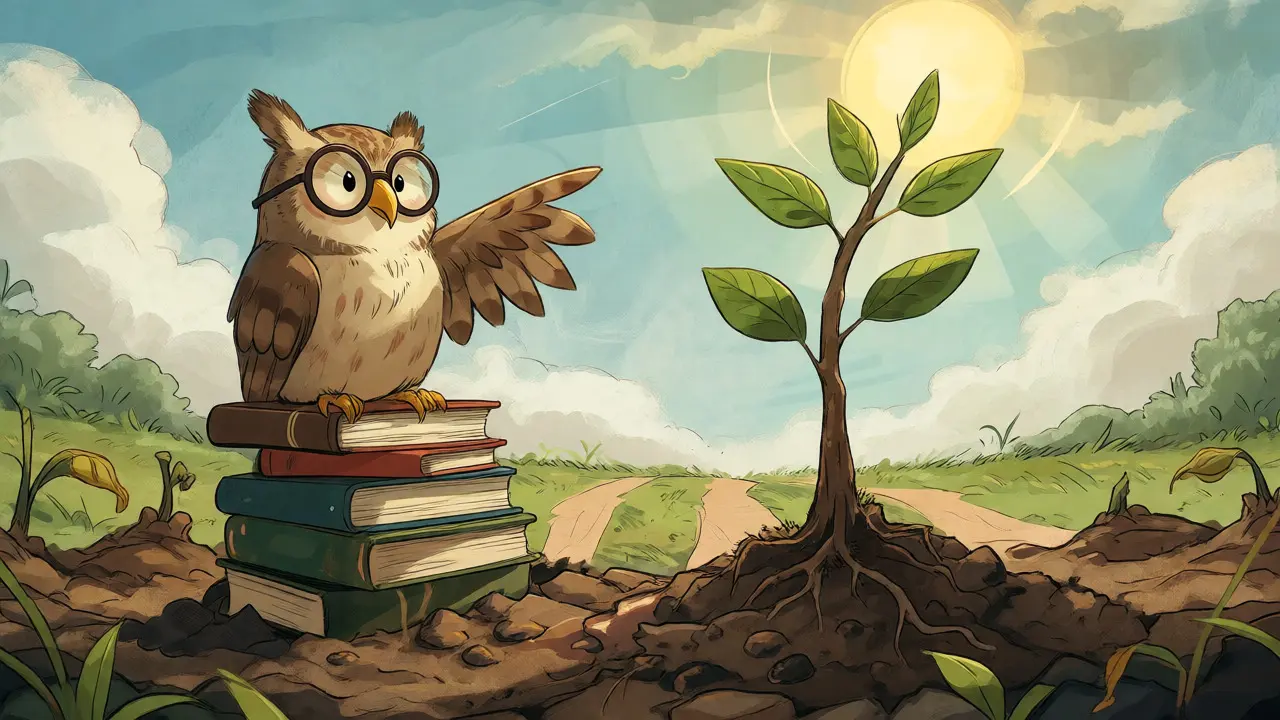 Hibou sage observant une jeune pousse saine