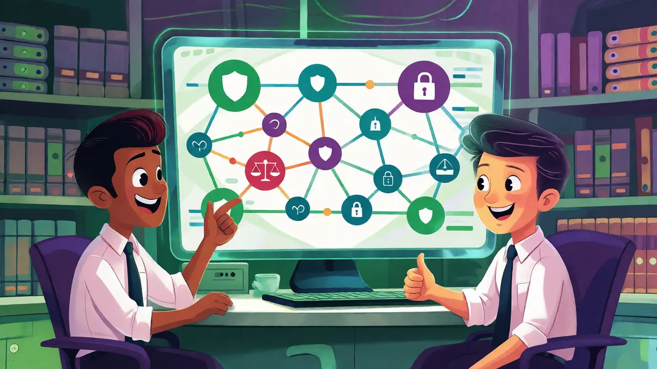 Illustration de style conte pour enfants avec des agents de conformité analysant un réseau blockchain simplifié sur écran.