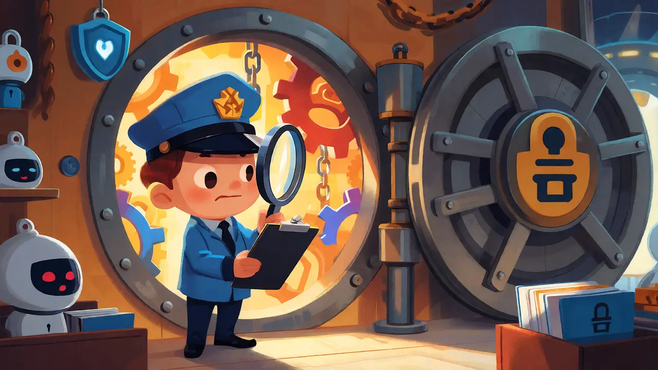 Inspecteur vérifiant un coffre-fort technologique avec des engrenages et des robots.