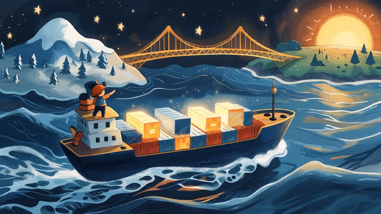 Navire transportant des blocs numériques vers un pont doré international