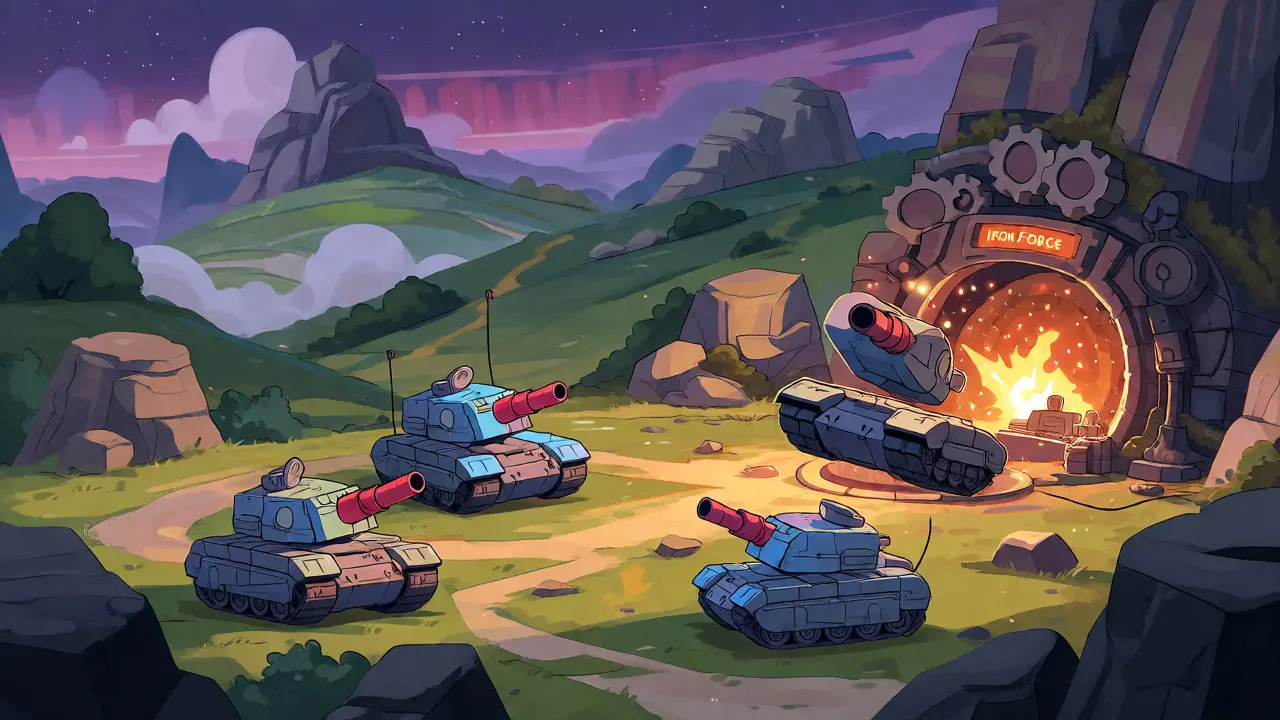 Paysage de Earth Zero avec des tanks modulaires dans un atelier de forge