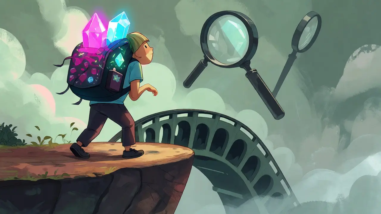 Personnage portant un sac de cristaux numériques traversant un pont vers l'inconnu sous surveillance.
