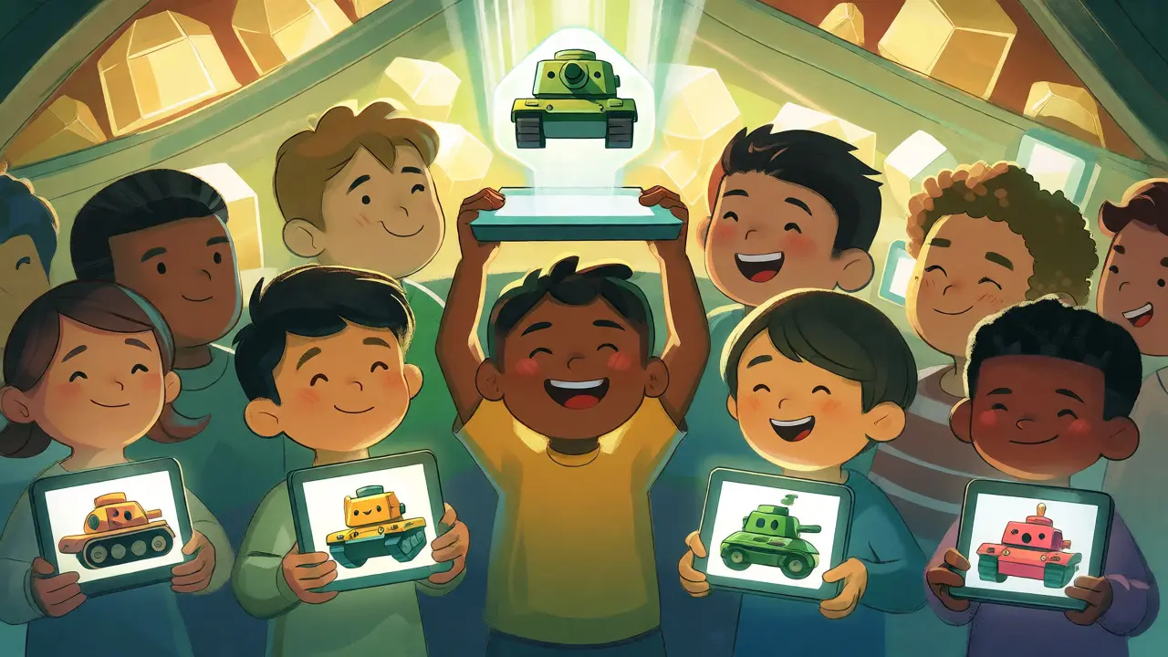 Personnages heureux tenant leurs NFTs de tanks reçus lors de l'airdrop