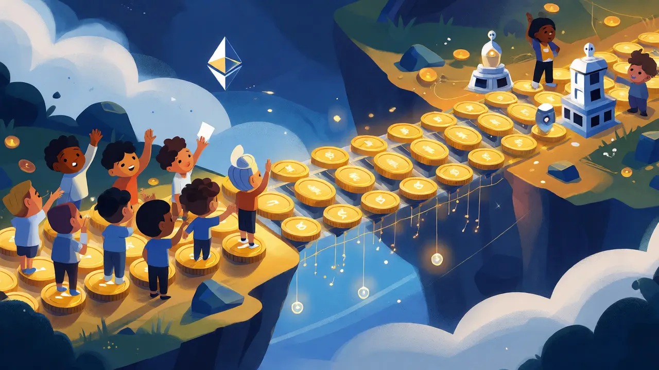 Pont magique reliant des joueurs qui votent et créent sur une île blockchain.
