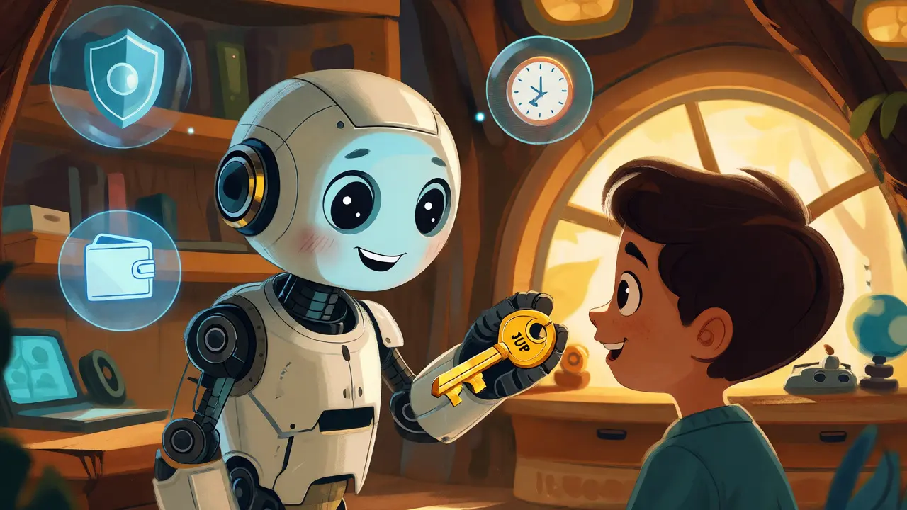 Robot offrant une cle JUP a un enfant dans une maison-arbre technologique