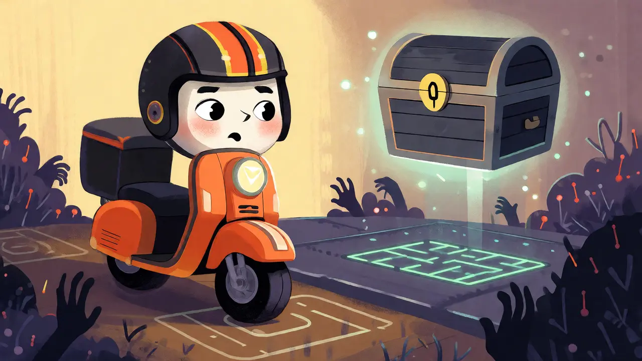 Scooter méfiant face à un coffre mystérieux et trompeur