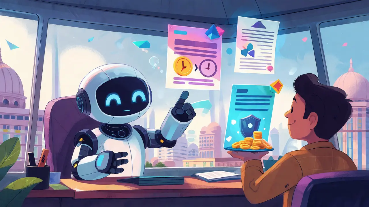 Un assistant robot aide un investisseur à organiser des icônes de cryptomonnaies flottantes.